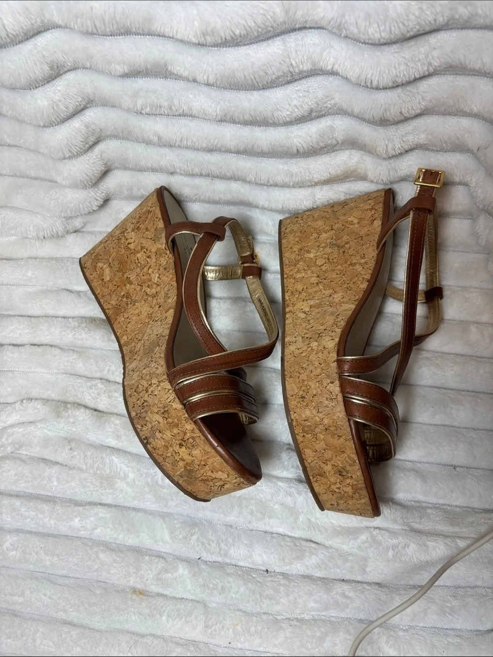 Kate Spade New York Brown/Gold Strappy Platform Cork Wedge Sandals EUC Size 8